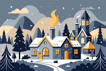 Fototapeta premium Cozy vector village illustration nestled in snowy mountains on a tranquil winter night.