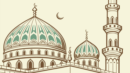 Vector illustration of mosque domes and minaret architecture detailed design, cultural heritage, Middle Eastern location, flat graphic style, close-up view