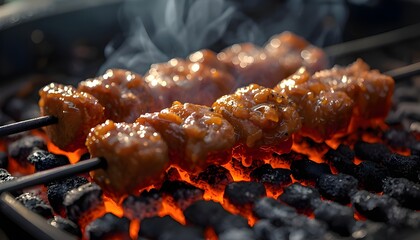 Korean Street Skewer Macro &mdash; Glowing Ember Grill with Sizzling Glaze & Smoke