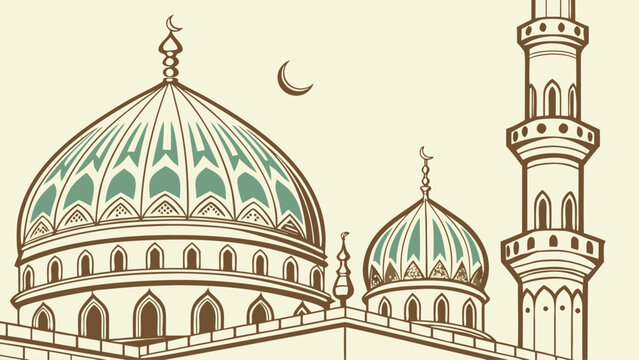Vector illustration of mosque domes and minaret architecture detailed design, cultural heritage, Middle Eastern location, flat graphic style, close-up view