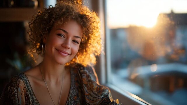 14Dreamy backlit portrait of a smiling woman with curls, sunlight creating glowing edges around her silhouette by the window
