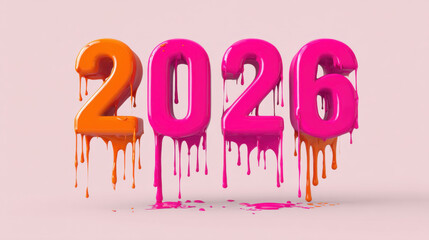 Glossy dripping numbers 2026 in pink and orange hues against a soft pink background. The year 2026 is represented by vibrant, melting numbers with a glossy texture, creating a playful and modern.
