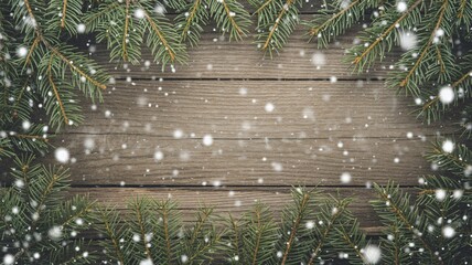 Rustic wooden background framed by fresh green pine branches with falling snow creating a winter holiday scene