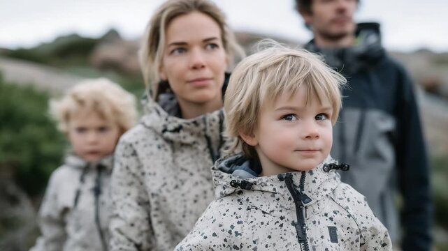 33Parents and children enjoying first warm day with light jackets in early spring nature