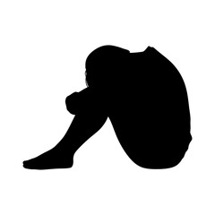 Depressed exhausted person sitting alone, burnout stress silhouette on white background