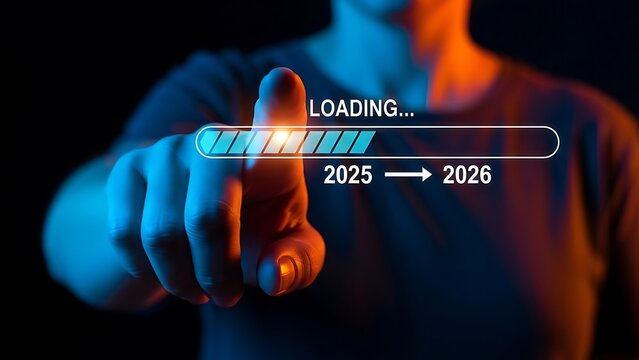 Finger pressing loading bar from 2025 to 2026 with blue and orange light progress - Powered by Adobe