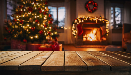 christmas tree and fireplace , Cozy Christmas Living Room with Decorated Tree, Warm Fireplace, and Festive Wooden Table Surface &ndash; High-Resolution Holiday Scene