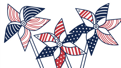 Fototapeta premium Vector illustration of patriotic pinwheels spinning in a vibrant outdoor garden environment, colorful design, close-up viewpoint, festive and decorative concept