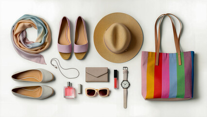Women's Summer Wardrobe and Vacation Accessories (Top View)