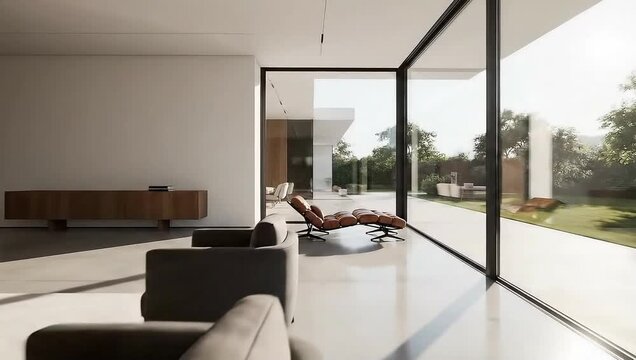 Modern luxury living room interior with large glass windows overlooking a sunny garden and lawn