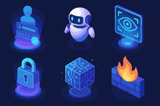 Cybersecurity icons featuring ai robot, biometric scan, padlock, firewall, and blockchain