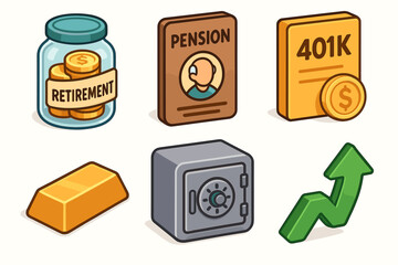 Financial icons set: retirement, pension, 401k, gold bar, safe, and growth arrow