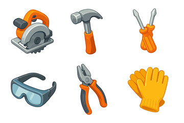 Vector set of construction tools: circular saw, hammer, screwdrivers, safety glasses, pliers, gloves
