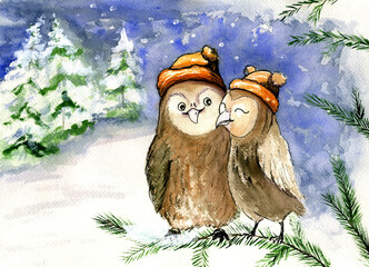 A lovely watercolor illustration of two cute brown owls wearing orange winter hats, snuggling on a snowy fir branch against a background of a winter forest and blue night sky.