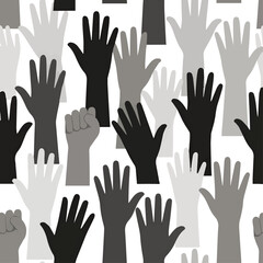 Fototapeta premium Isolated a kinds of different many raised hands silhouettes in seamless pattern - voting, protest, volunteering, school vector art with white background.