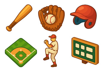 Fototapeta premium Baseball equipment and player: bat, glove, helmet, field, scoreboard