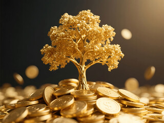 Golden money tree surrounded by scattered gold coins in warm glowing light symbolizing prosperity and financial growth