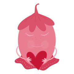 cute character with a pink leaf-shaped hat sitting peacefully in a meditative pose while holding a heart.