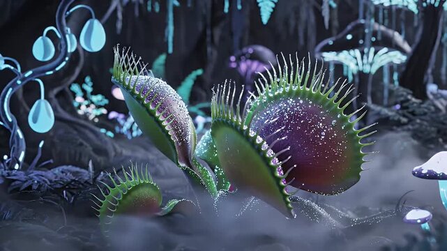 Carnivorous Venus fly trap plants thriving in a mystical, bioluminescent alien jungle landscape at night with glowing mushrooms