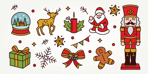 christmas and winter elements line art set icons design. christmas background of santa, deer, nutcracker, snowball design elements