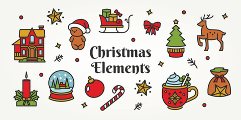 christmas and winter elements set icons design. christmas background of christmas house, deer, sled, tree, snowball design elements