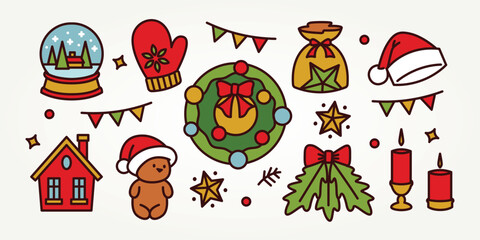 christmas and winter elements set icons design. christmas background of christmas house, doll, gift, hat design elements