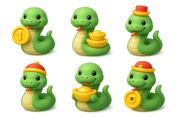 Fototapeta premium Wealthy snake icons set featuring cute cartoon reptiles with coins and gold for design use