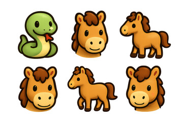 Cute zodiac horse and snake icons for unique illustrations and designs