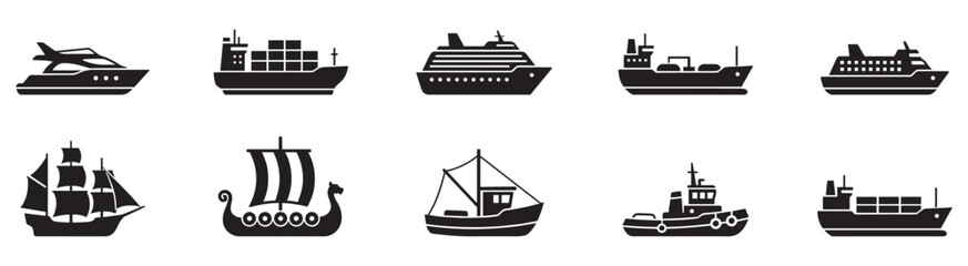Ship and boat icon set. Water transport symbol. Vessels for travel and transportation. Vector Illustration. EPS 10
