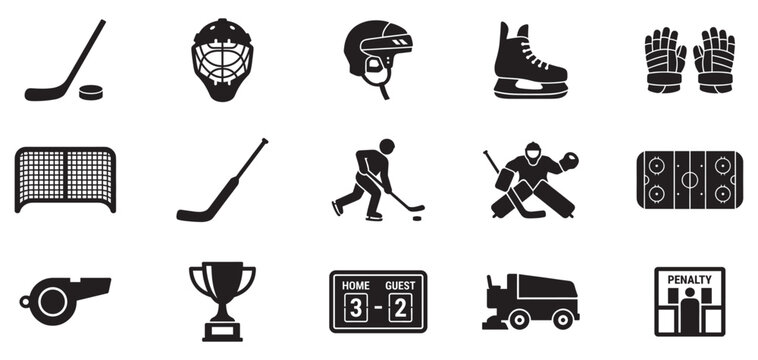 Hockey icon set. Solid, filled icon set of hockey team: hockey stick, helmet, field, puck, goal mask, ice rink, team bench, face-off. Vector Illustration 