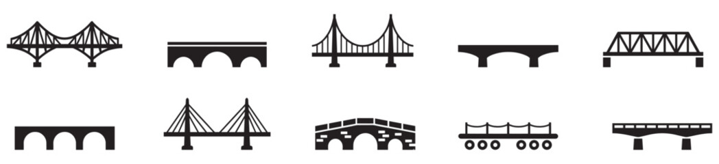 Black bridge icon collection. Set of different bridge icons. Bridge, icon set. City architecture construction. Vector Illustration.