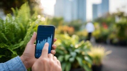 80Close-up of hands holding smartphone showing stock market growth, spring sunlight reflecting off screen - Powered by Adobe