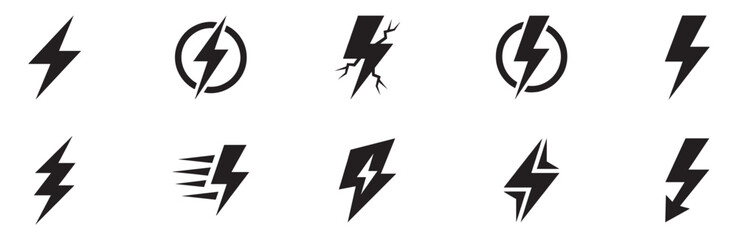 Lightning bolt icon set. Thunderbolt symbol. Electric power energy logo. Flash light sign. Vector illustration. Vector Graphic. EPS 10
