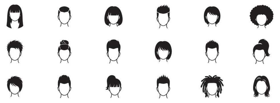 Male, female hairstyle icon set on head outline. Collection of black vector graphics for men's haircuts and avatar creation. Vector Illustration.