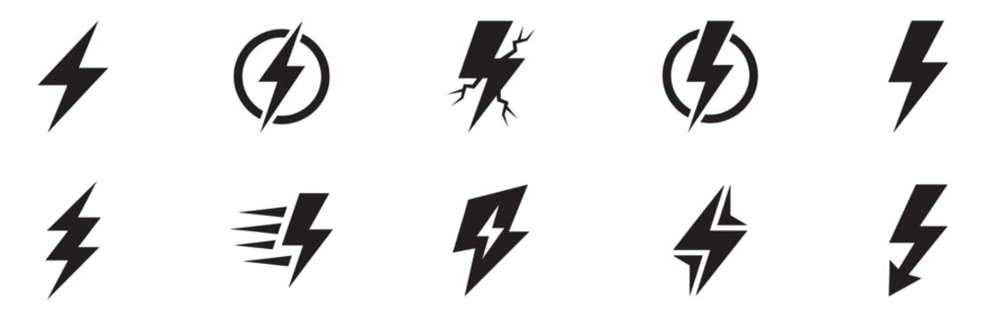 Lightning bolt icon set. Thunderbolt symbol. Electric power energy logo. Flash light sign. Vector illustration. Vector Graphic. EPS 10