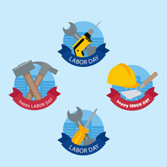 Labor Day: A colorful illustration capturing the essence of Labor Day, the image features four distinct circular designs, each showcasing a different tool set against a blue backdrop.