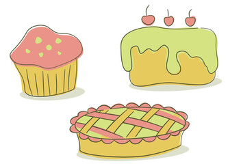 set of sweet baked treats including a cupcake, pie, and icing-covered cake, illustrated in cheerful pastel colors.