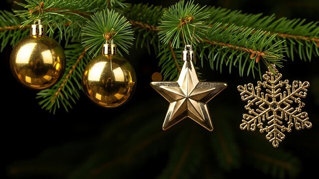 baubles, star, snowflake&mdash;hanging elegantly from a green fir branch against a dark background.