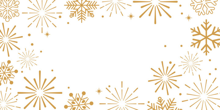 Elegant golden snowflake and firework border on a white background, minimal festive frame ideal for Christmas and New Year invitations, greeting cards, party posters, web banners and holiday branding