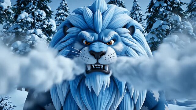 An angry blue cartoon lion character with an icy mane roaring fiercely in a snowy winter landscape