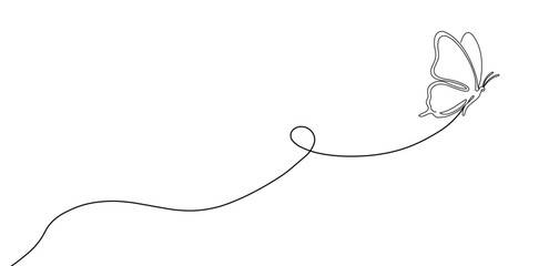line drawing of a butterfly flying in a curved path, simple black and graphic illustration