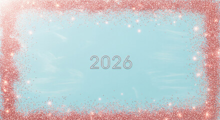 Rose gold glitter border frames a light blue background with the year 2026 centered for a festive new year celebration design