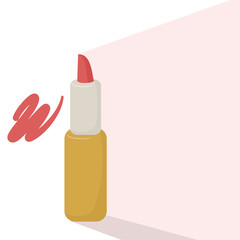 stylized lipstick in gold casing with a red smear swatch, emphasizing beauty and cosmetics.