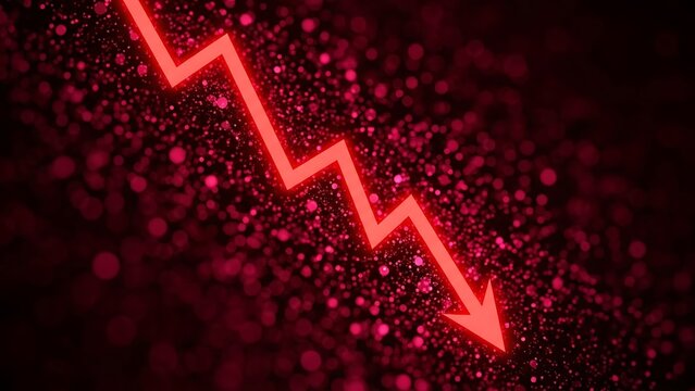 Red downward trend arrow over abstract glowing particles, symbolizing market decline, economic recession, financial crisis, or business losses.