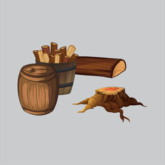 Rustic wooden barrel filled with firewood logs beside a large tree stump and a separate cut log against a neutral background perfect for game assets