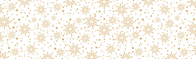 Seamless golden fireworks and starburst pattern on a clean white background, festive minimal design ideal for Christmas, New Year, party decor, wrapping paper, invitations, greeting cards and holiday 