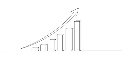 Minimalist line art drawing of a growing bar chart with an upward trend arrow, symbolizing business growth and success