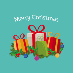Festive collection of brightly wrapped christmas presents and shopping bags adorned with holly and ornaments against a cheerful teal background wishing happy holidays