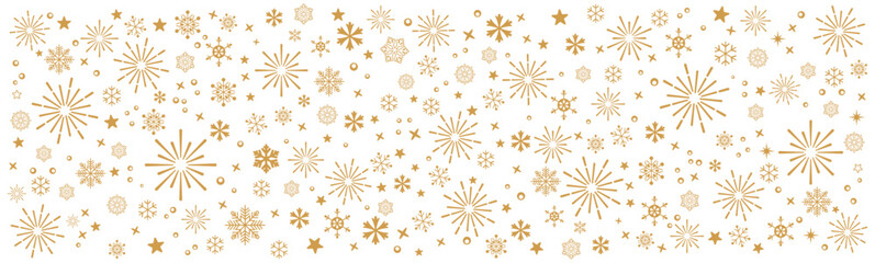 Seamless golden fireworks and starburst pattern on a clean white background, festive minimal design ideal for Christmas, New Year, party decor, wrapping paper, invitations, greeting cards and holiday 