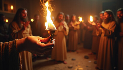 Close-up hand holding torch in dark ancient ritual setting. Robed figures gather, performing solemn ancient ritual, each with small flame. Evocative ancient ritual scene for historical, spiritual,